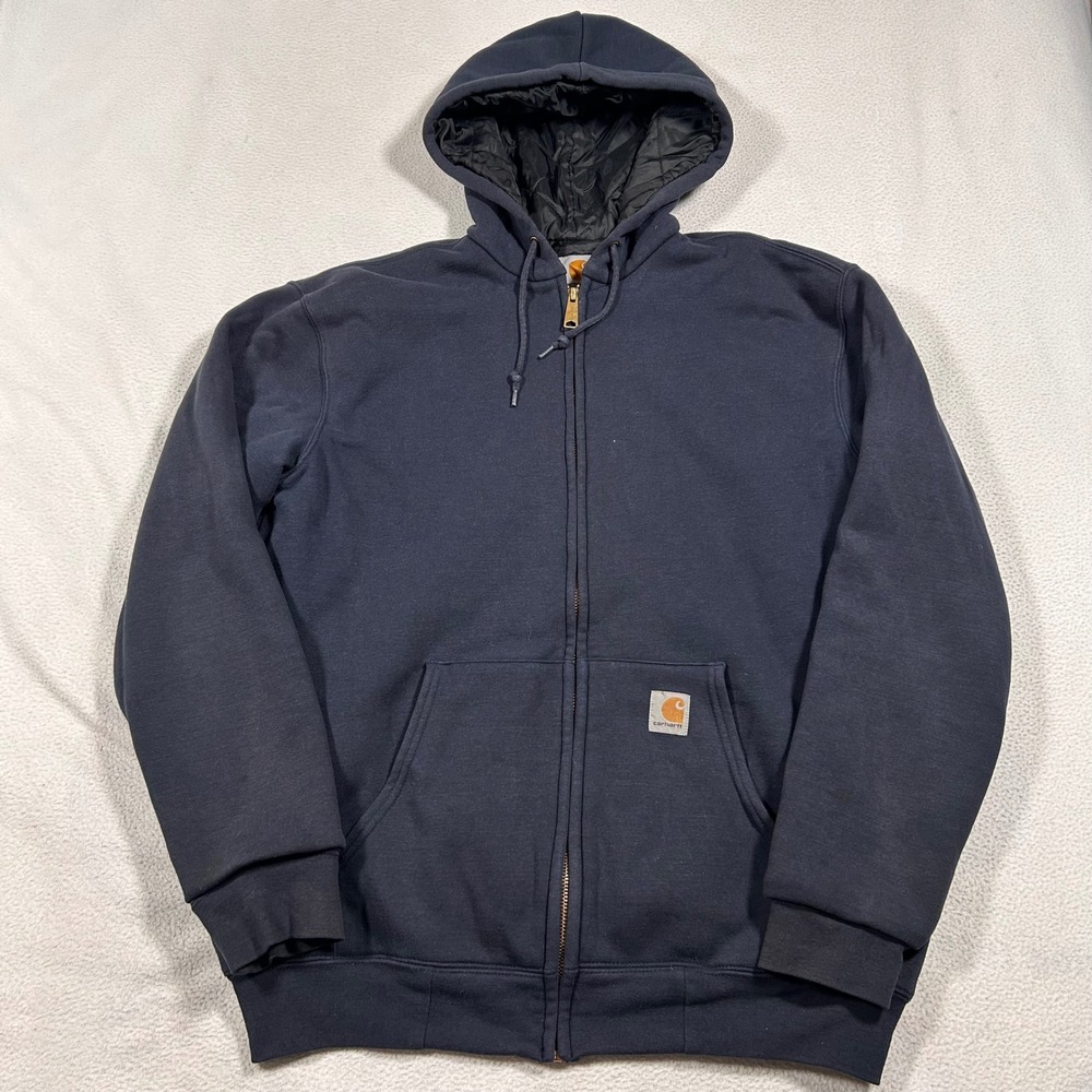 VTG Carhartt Quilt Lined Zip Up Hoodie Mens L Navy Heavyweight Workwear Jacket